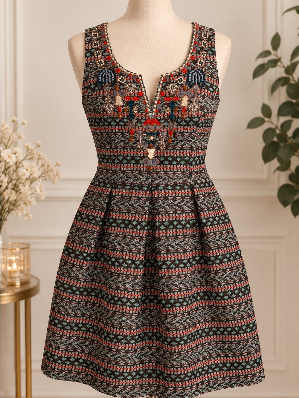Moulinette Soeurs Black Mini Dress with Coral & Teal Embroidery